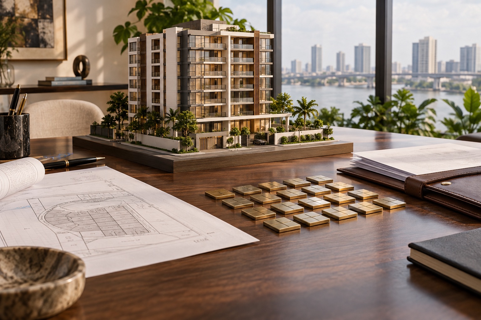 Architectural model, property records and brass tiles representing fractional ownership
