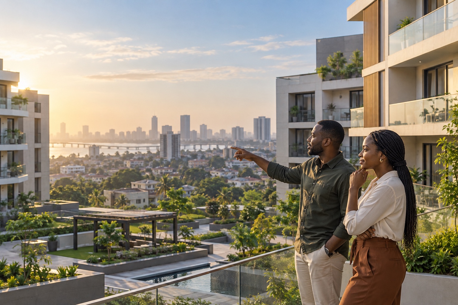 Nigerian professionals overlooking a contemporary Lagos residential development